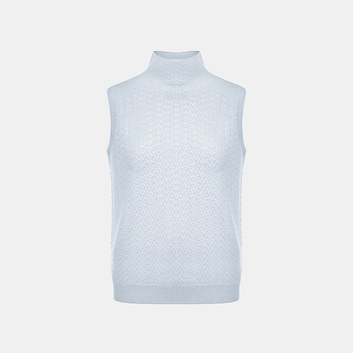 “Spring Diary”  Silk Cashmere真絲蕾絲工藝中領針織背心—Azure Glow藍霧輕光