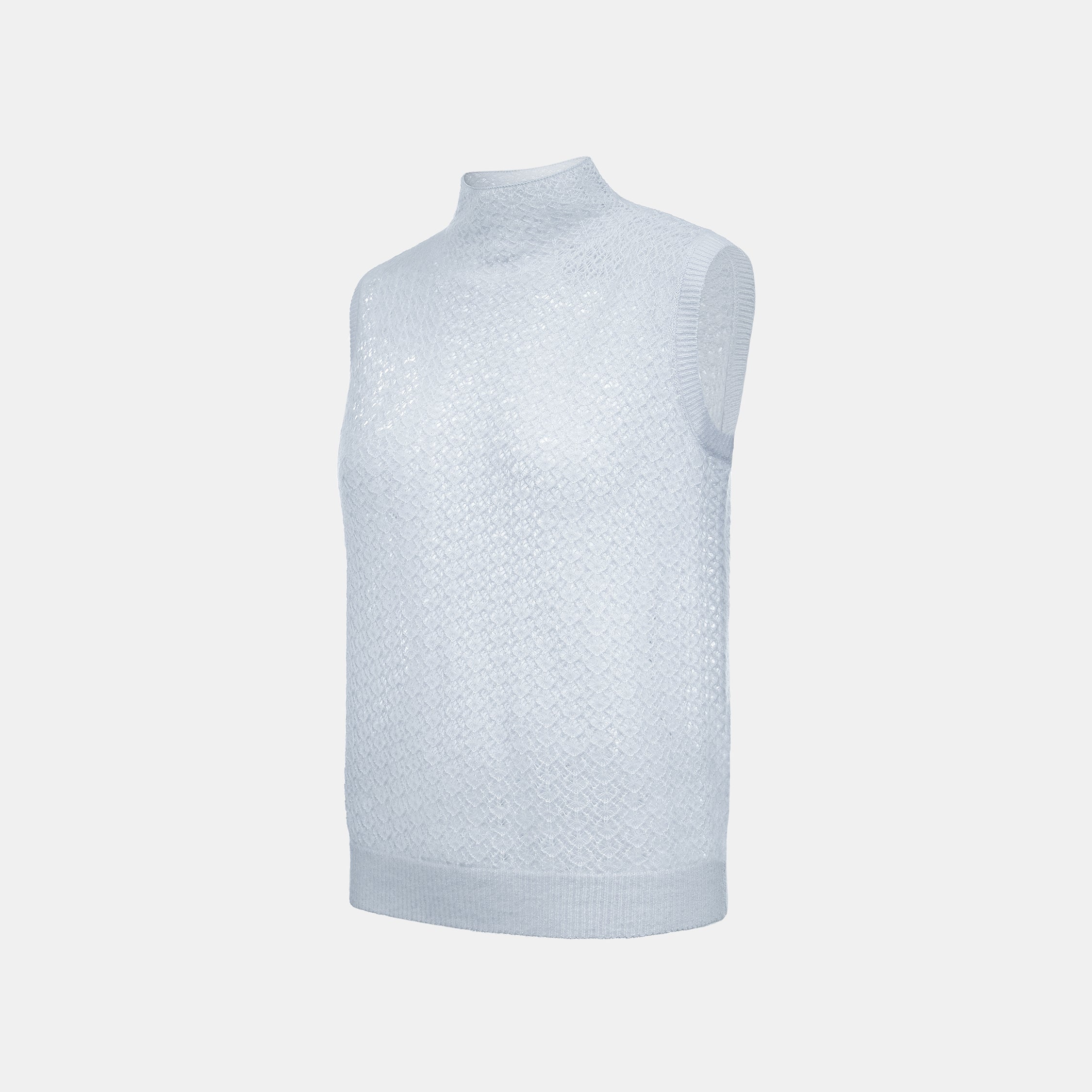 “Spring Diary”  Silk Cashmere真絲蕾絲工藝中領針織背心—Azure Glow藍霧輕光