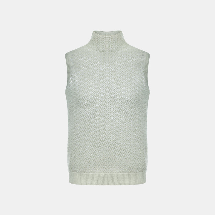 “Spring Diary”  Silk Cashmere真絲蕾絲工藝中領針織背心—Verdant Veil青霧薄影