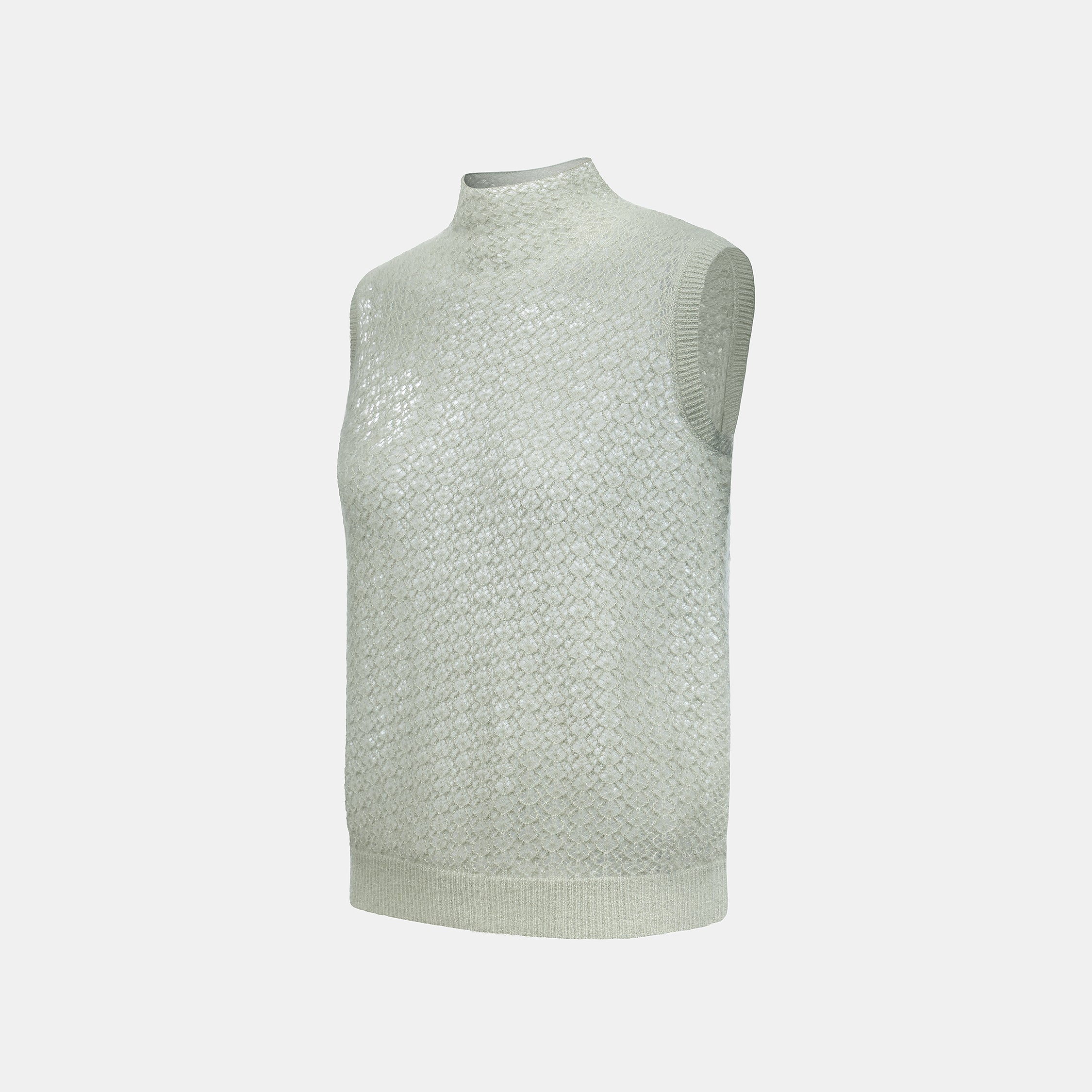 “Spring Diary”  Silk Cashmere真絲蕾絲工藝中領針織背心—Verdant Veil青霧薄影