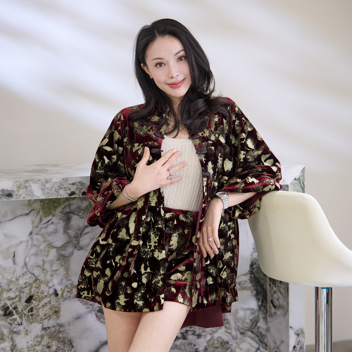 "Imperial Garden Teatime"義大利手繪飛白毫金工藝絲絨輕國風短褲—Velvet Oud絨夜沉香