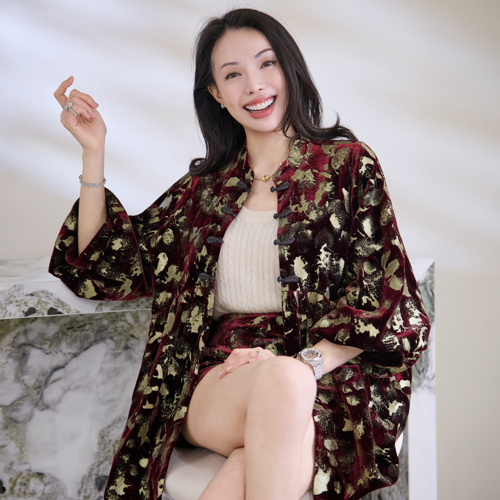 "Imperial Garden Teatime"義大利手繪飛白毫金工藝絲絨輕國風外套—Velvet Oud絨夜沉香