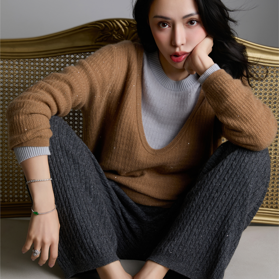 “Autumn Diary” 100% Cashmere 亮片麻花編織針織長褲—Cedar Smoke 雪松煙衫