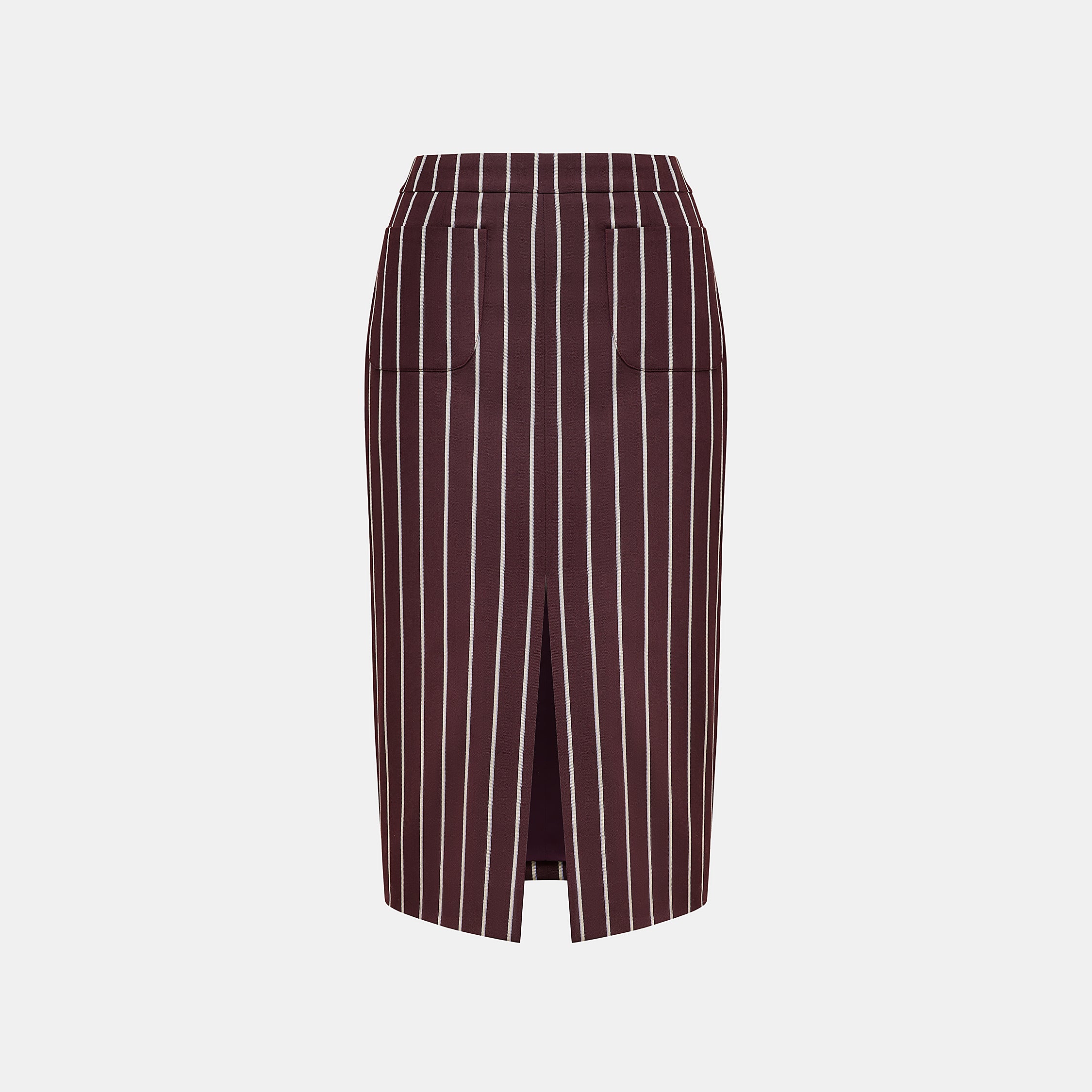 "Speak Sleek."義大利頂級羊毛直條西裝及膝裙—Rouge Nuit醺紅夜語