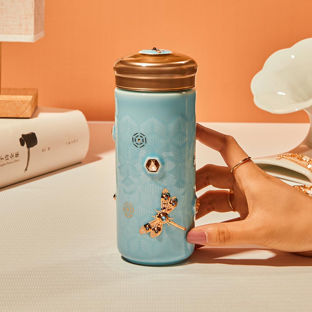 乾唐軒 吉星蜻投意合彩金水晶隨身杯─ 淺水藍彩金晶