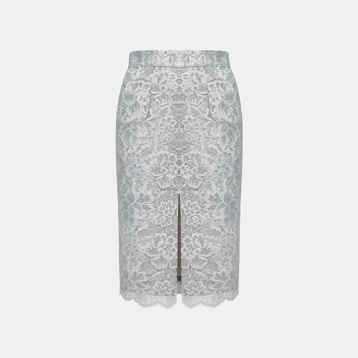 “Quiet Mastery.”法國頂級虹彩鍍光織花蕾絲鉛筆裙—Silver Nocturne銀夜花箋