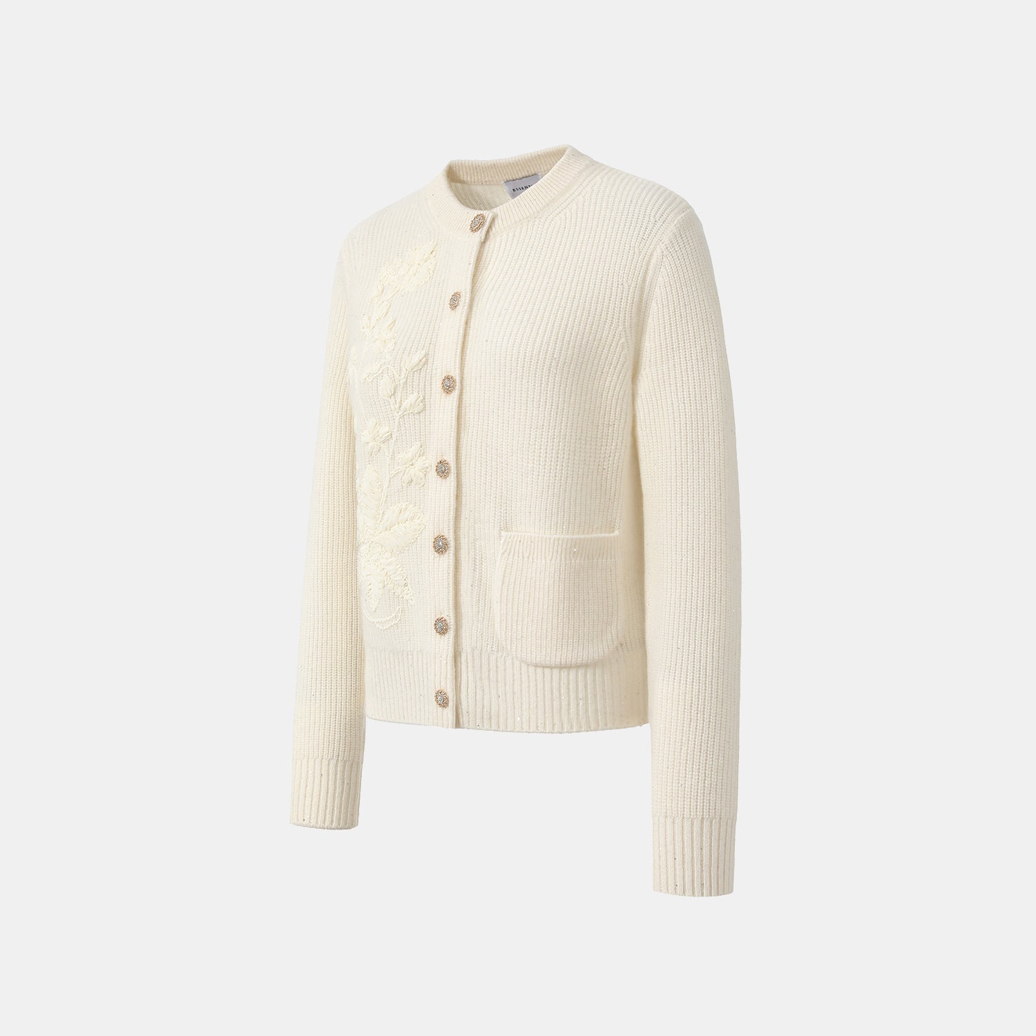 “Winter Diary” 100%Cashmere浮雕緞繡星點針織外套—Sandal Light檀香白茶