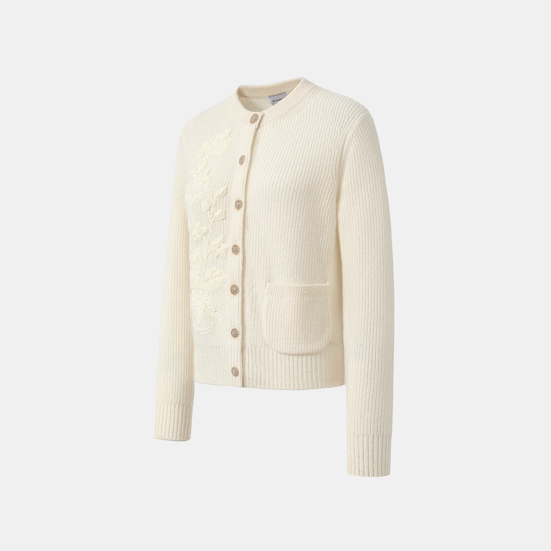 “Winter Diary” 100%Cashmere浮雕緞繡星點針織外套—Sandal Light檀香白茶