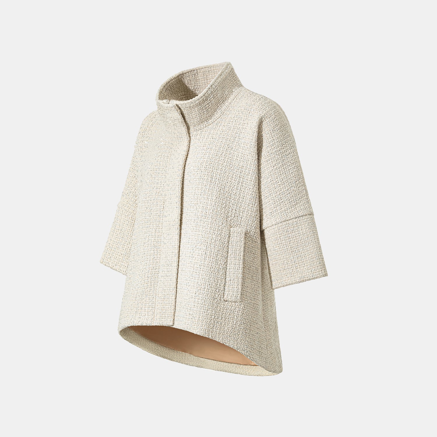 "Tokyo Hours" Tweed Cape Coat with Large Lapel - Woven White 
