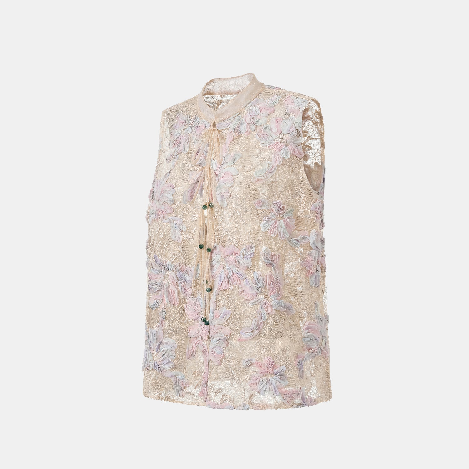 "Imperial Garden Teatime." 染緞隨畫工藝蕾絲輕國風背心— 晨曦花霧 Dawn Mist Bloom