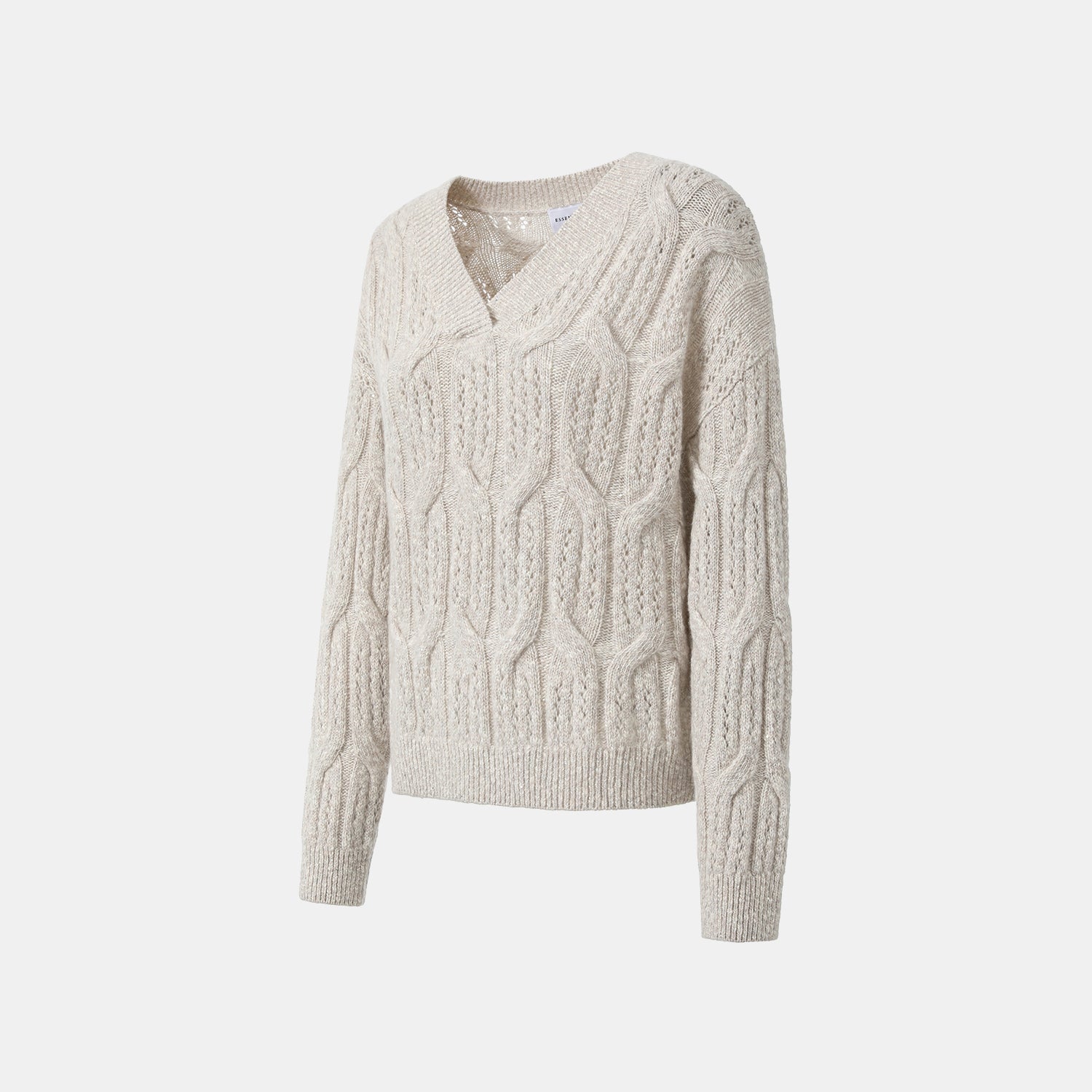 “Winter Diary” 100% Cashmere極細絨柔鏤空蜂格紋星點V領上衣—Fog Beige 霧幕杏灰