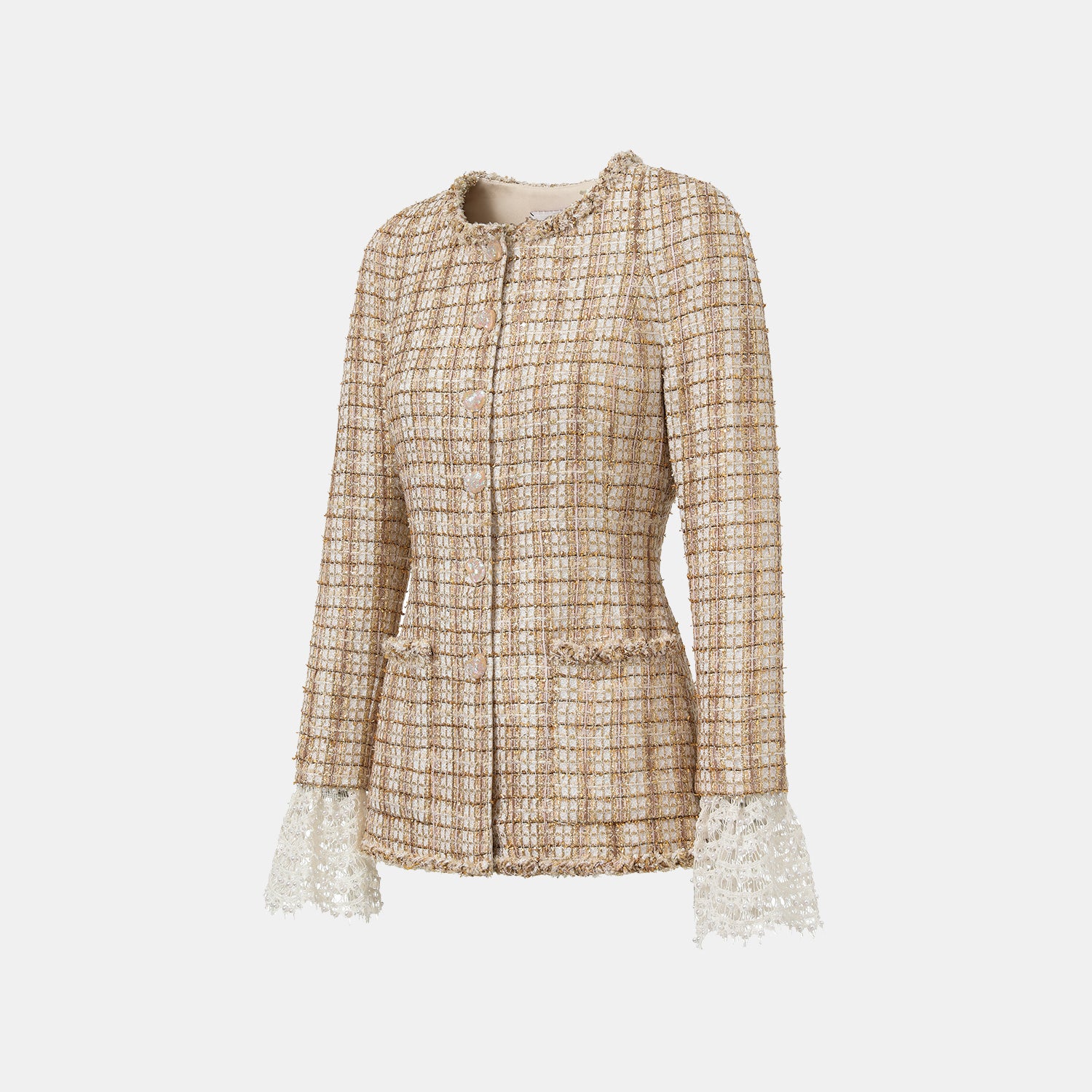 "Sloane Ave." 法國頂級縷金工藝蕾絲拚袖修身花呢外套—Versailles Chanson凡爾賽香頌