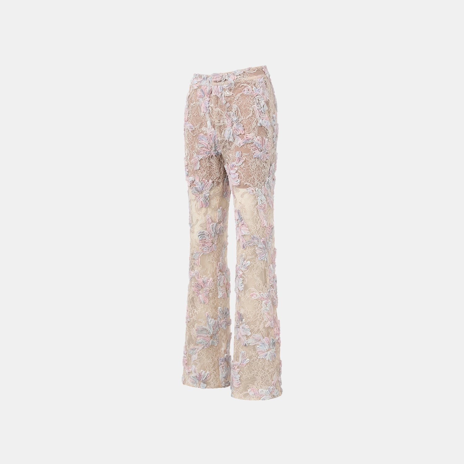 "Imperial Garden Teatime." 染緞隨畫工藝輕國風蕾絲喇叭褲— 晨曦花霧 Dawn Mist Bloom