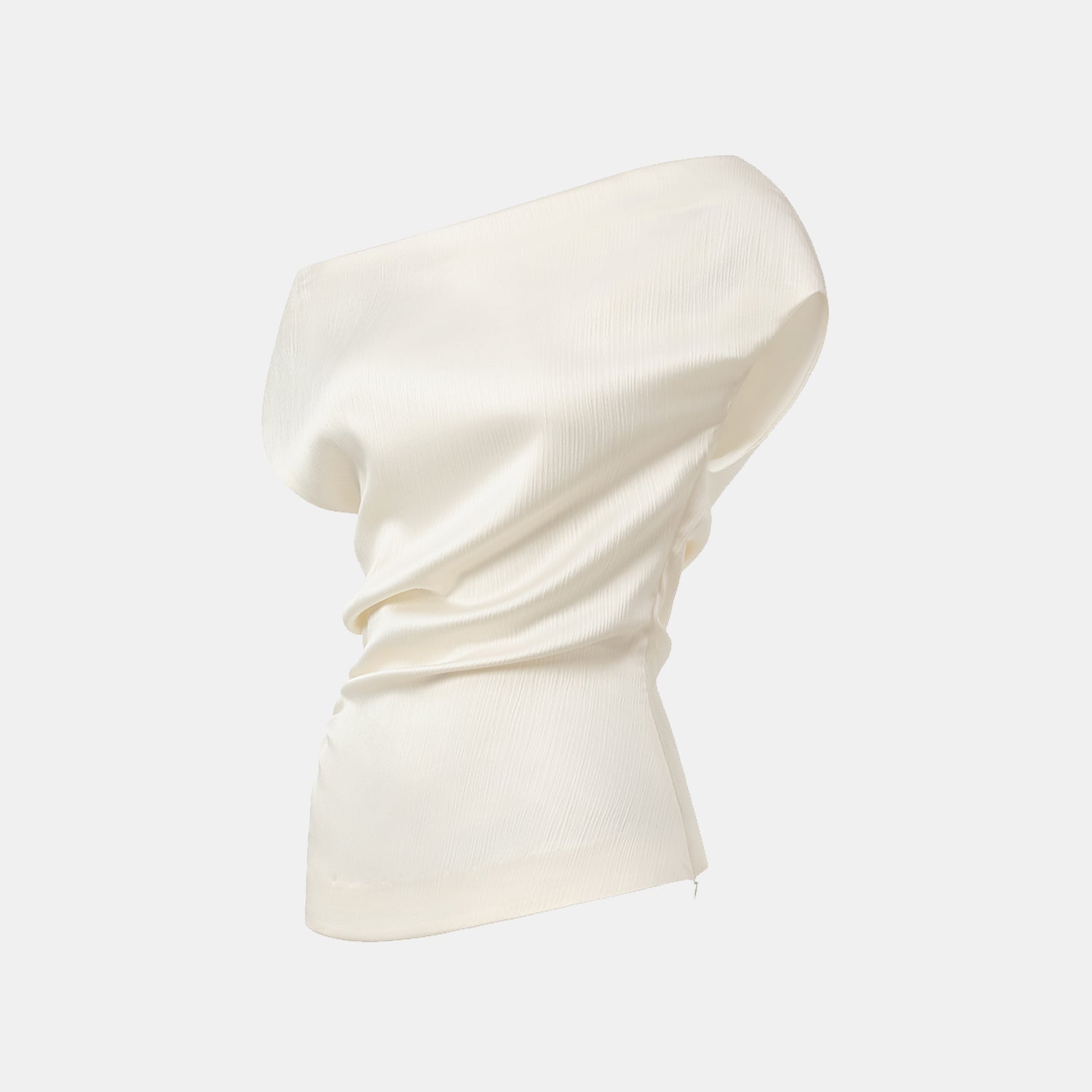 “Easy Go Chic” 韓國壓褶工藝面料斜肩上衣—原白