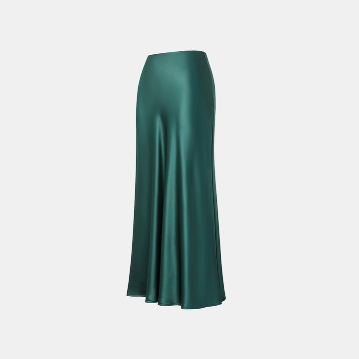 “Daytime sparkle.” Satin draped below-the-knee skirt—Emerald 