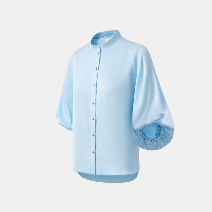 “秋意" 100% 桑蠶絲雪紡國風七分袖襯衫 — 天空藍