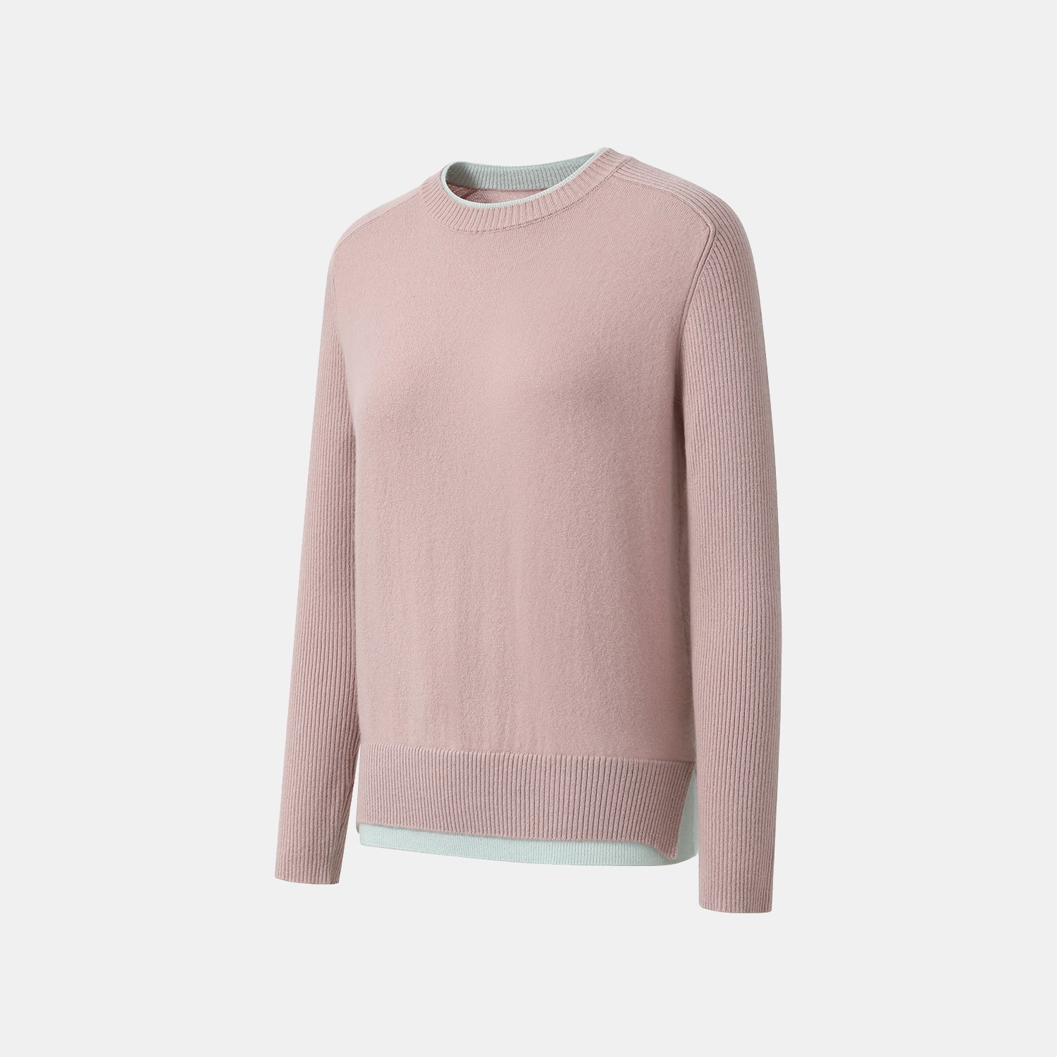 “Winter Diary” 100% Cashmere假兩件式羅紋拼接針織上衣—Blush Haze薄霧櫻粉