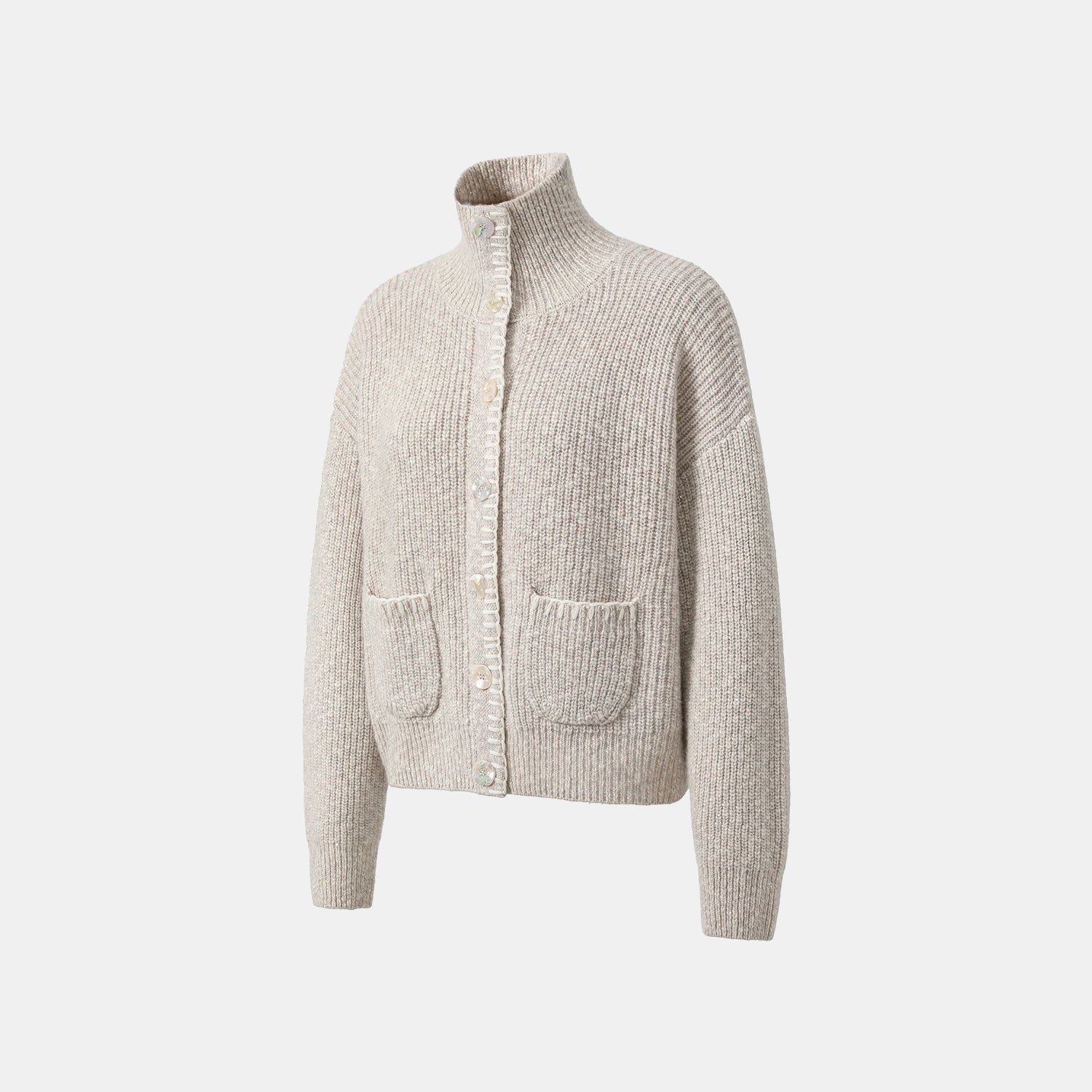 “Winter Diary” 100% Cashmere霧染細針羅紋邊飾高領針織外套—Winter Cotton冬日棉花