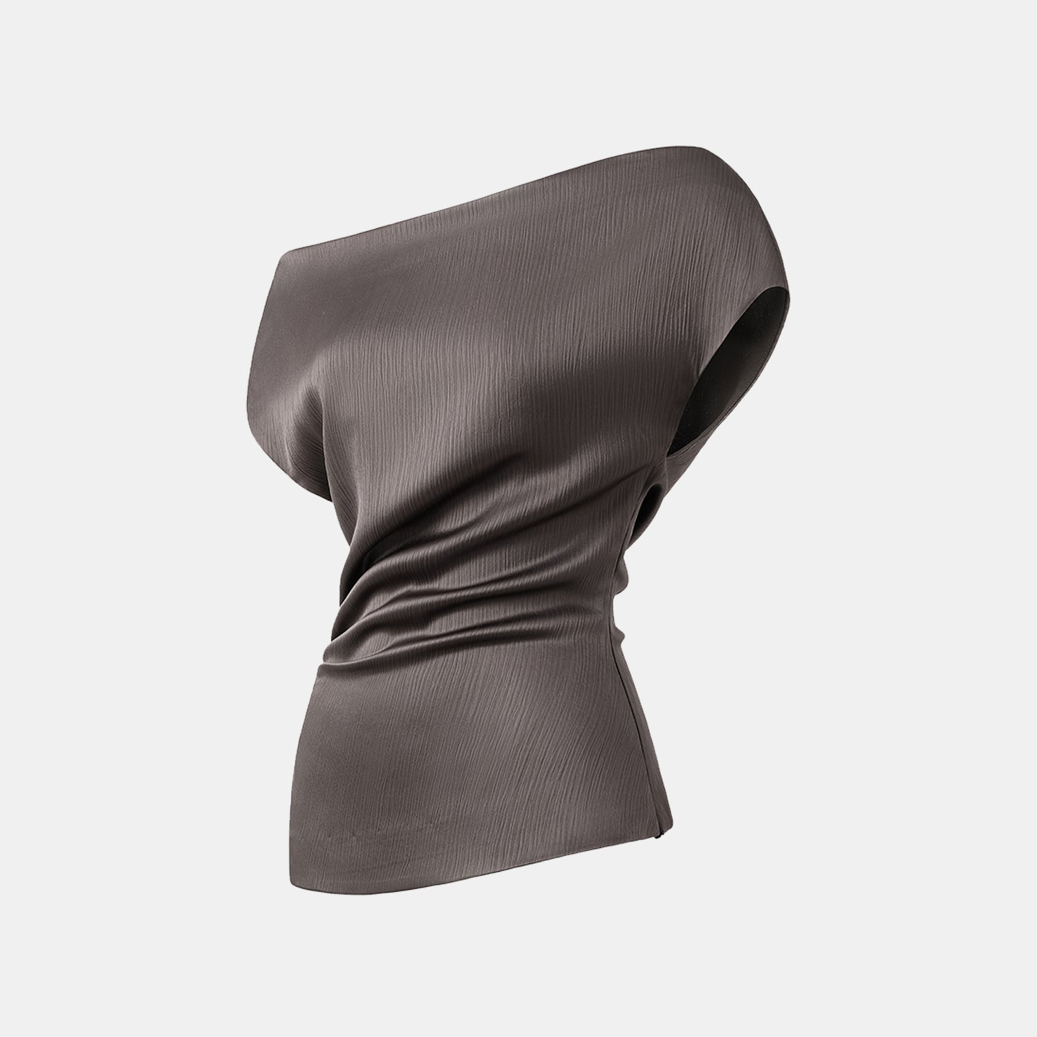 “Easy Go Chic” 韓國壓褶工藝面料斜肩上衣—皮革咖