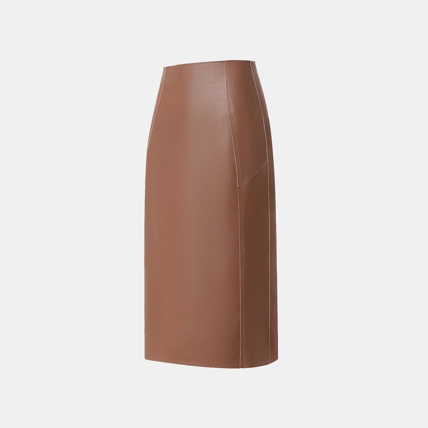 "Easy-go Chic" Vegan Leather Cut Pencil Skirt - Honey Brown 