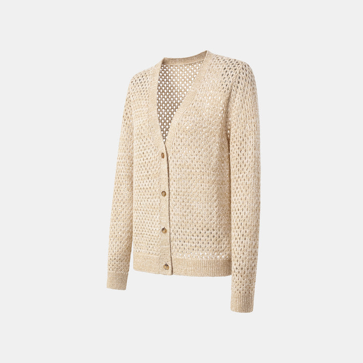 "Chelsea Citywalk." 100% Cashmere 亮片蕾絲編織工藝針織開衫—Honey Latte