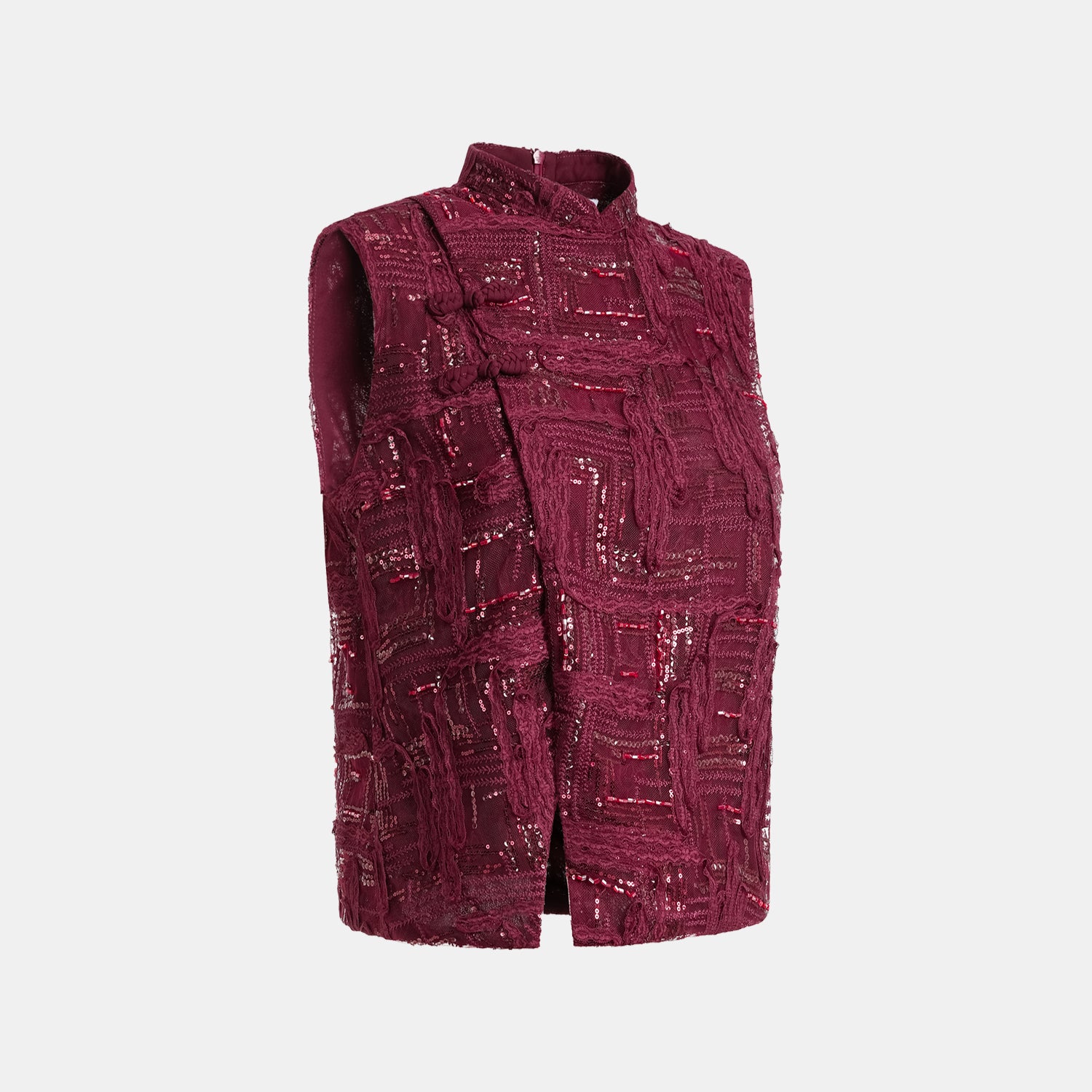 "Imperial Gala" 奢華蕾絲畫藝珠繡輕中式立上衣—胭霞含春