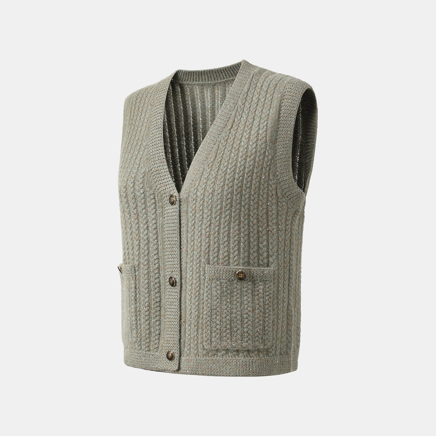 “Autumn Diary” 100% Cashmere 立體細麻花星點亮片針織背心—Silver Birch銀樺霧林