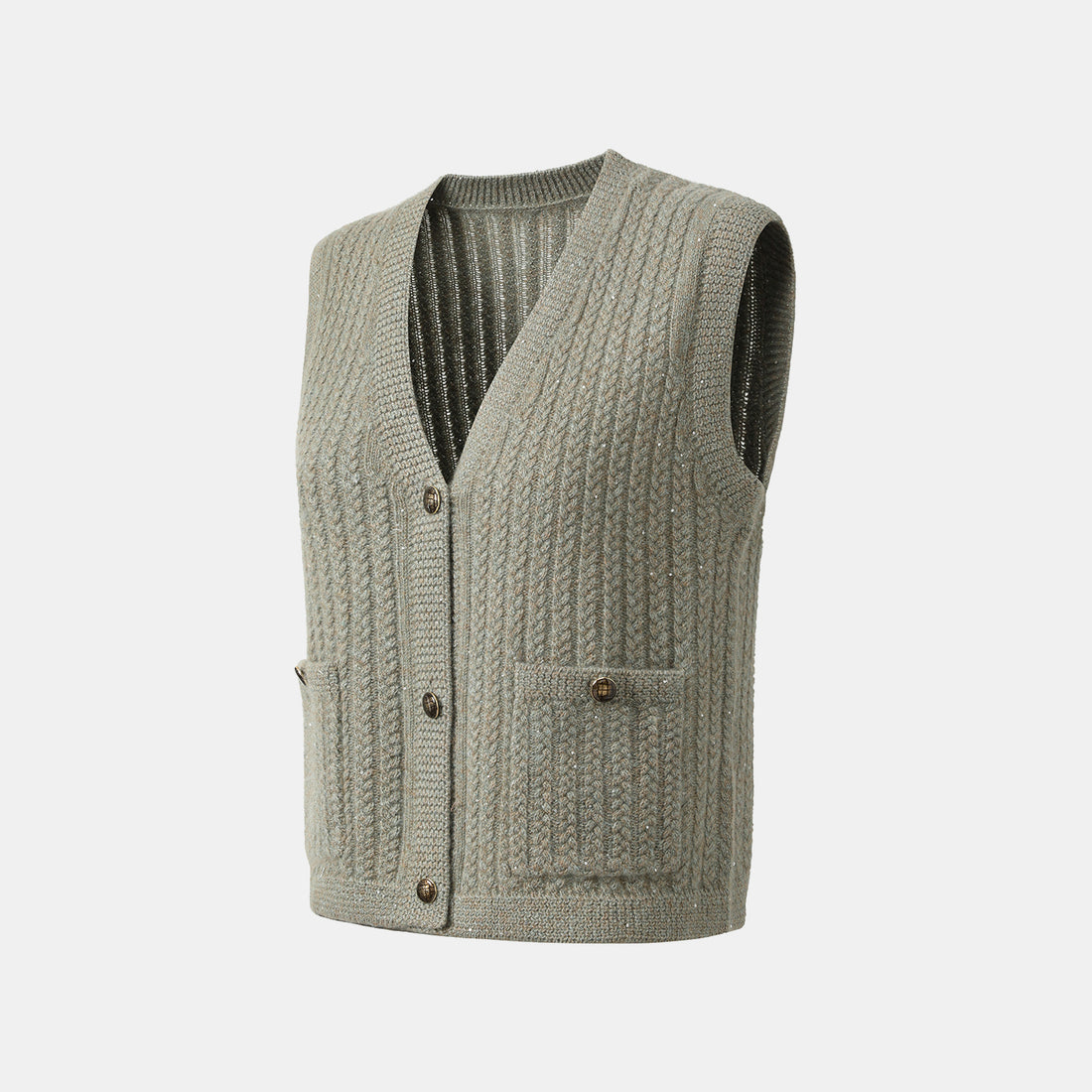 “Autumn Diary” 100% Cashmere 立體細麻花星點亮片針織背心—Silver Birch銀樺霧林