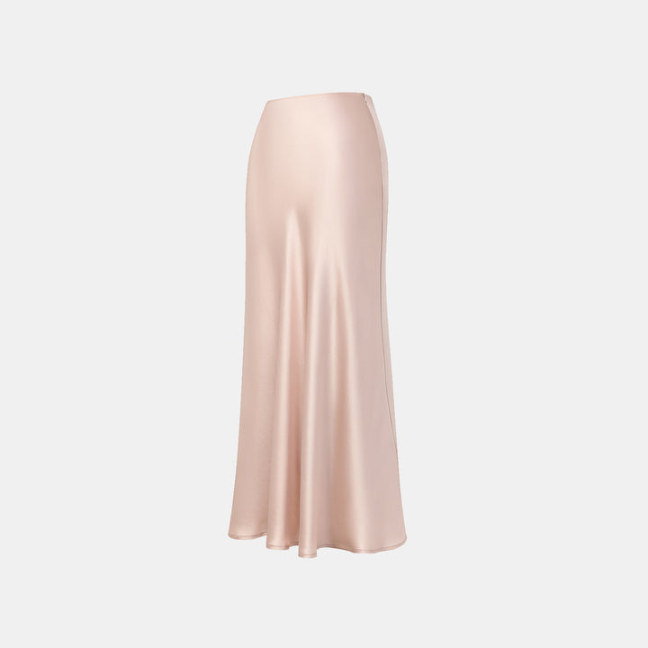 “Daytime sparkle.” Satin draped below-the-knee skirt—nude pink 