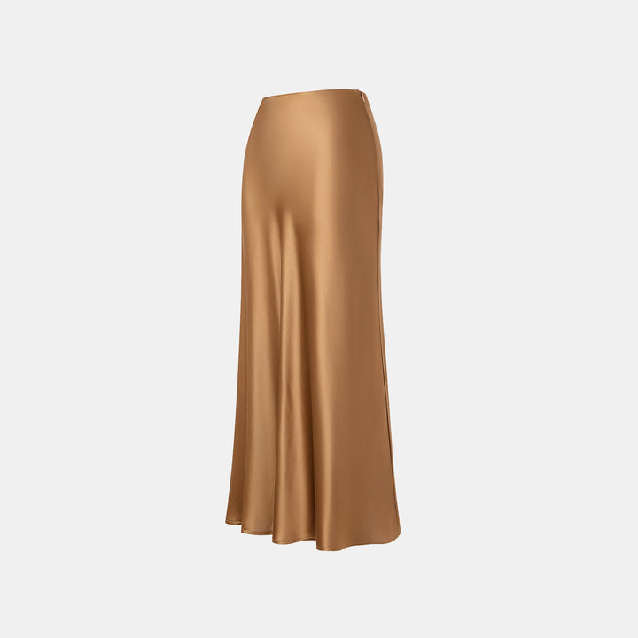 “Daytime sparkle.” Satin draped below-the-knee skirt—Caramel gold 