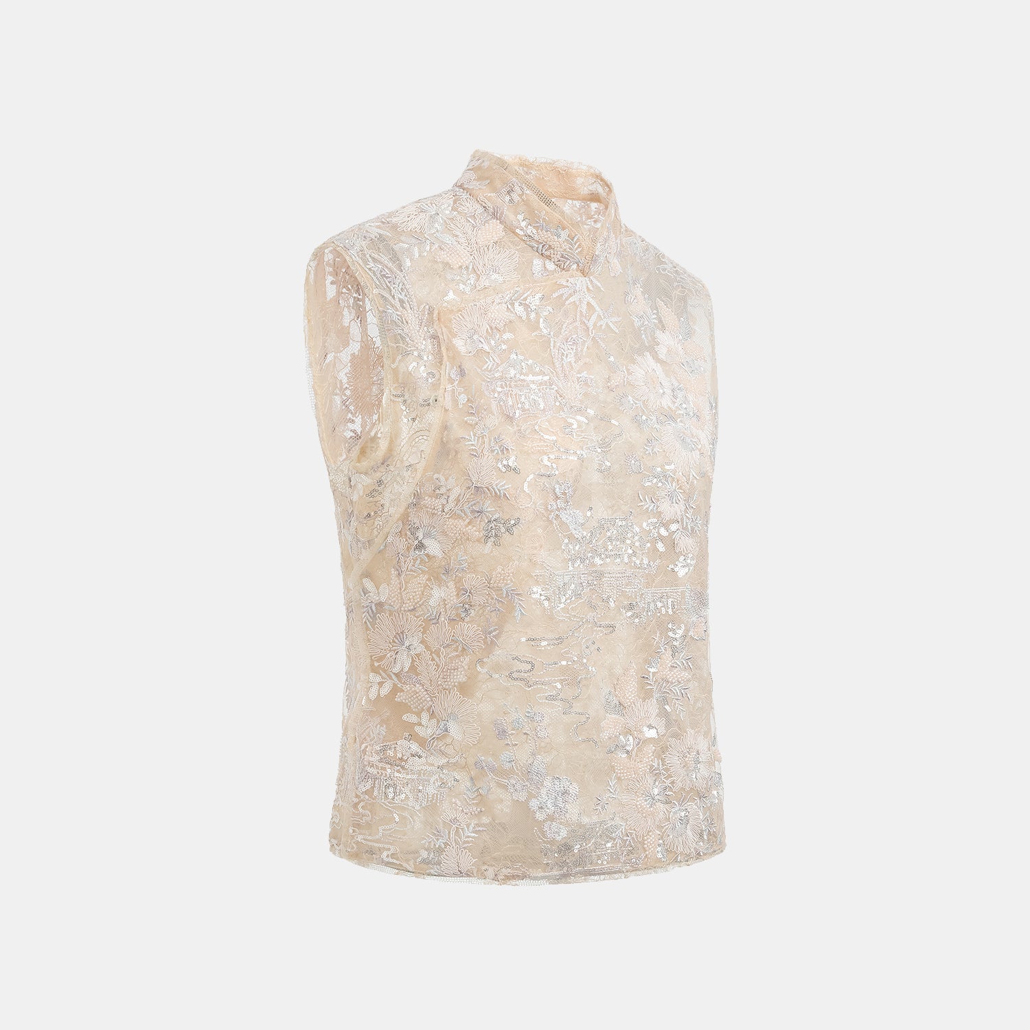 "Imperial Garden Teatime"點景白描奢華珠繡蕾絲輕國風上衣—Petal Silhouette花間影