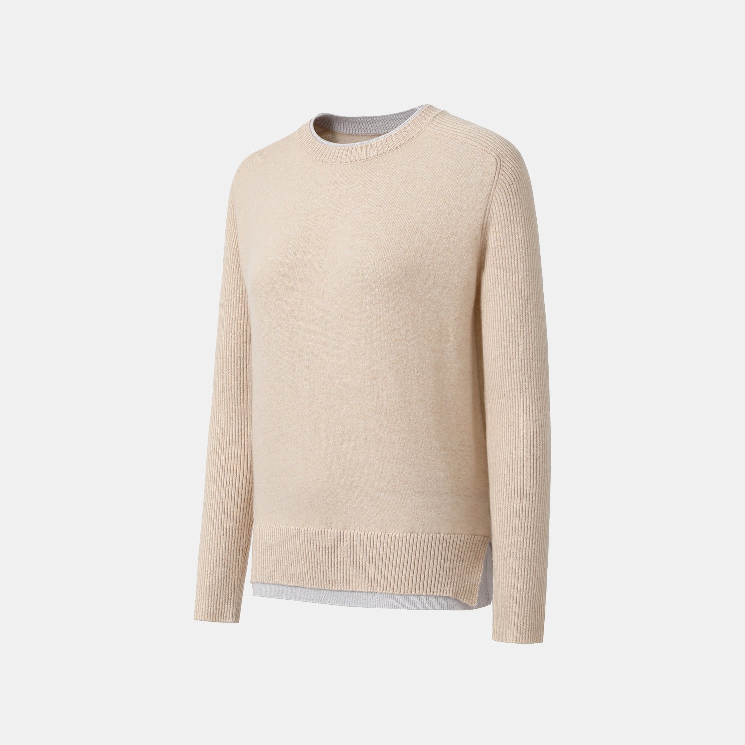 “Winter Diary” 100% Cashmere假兩件式羅紋拼接針織上衣—Soft Sand柔沙暖杏