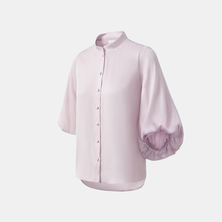 “秋意" 100% 桑蠶絲雪紡國風七分袖襯衫 — 櫻花粉