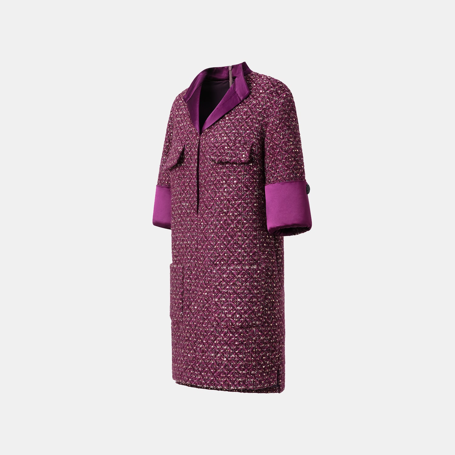 "Chelsea Tea Time" Tweed Faux Two-Piece Dress—Grape. 