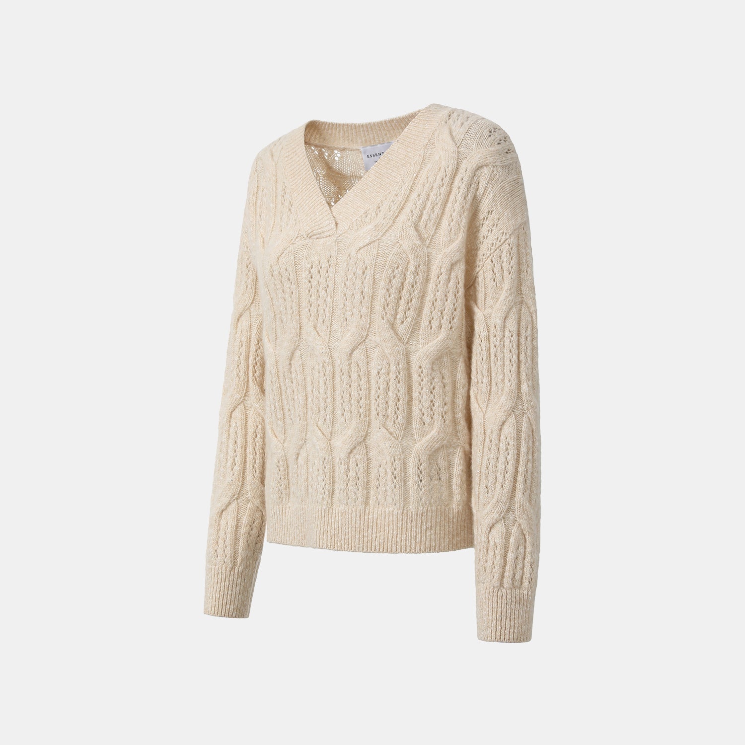 “Winter Diary” 100% Cashmere極細絨柔鏤空蜂格紋星點V領上衣—Morning Oat 晨光燕麥