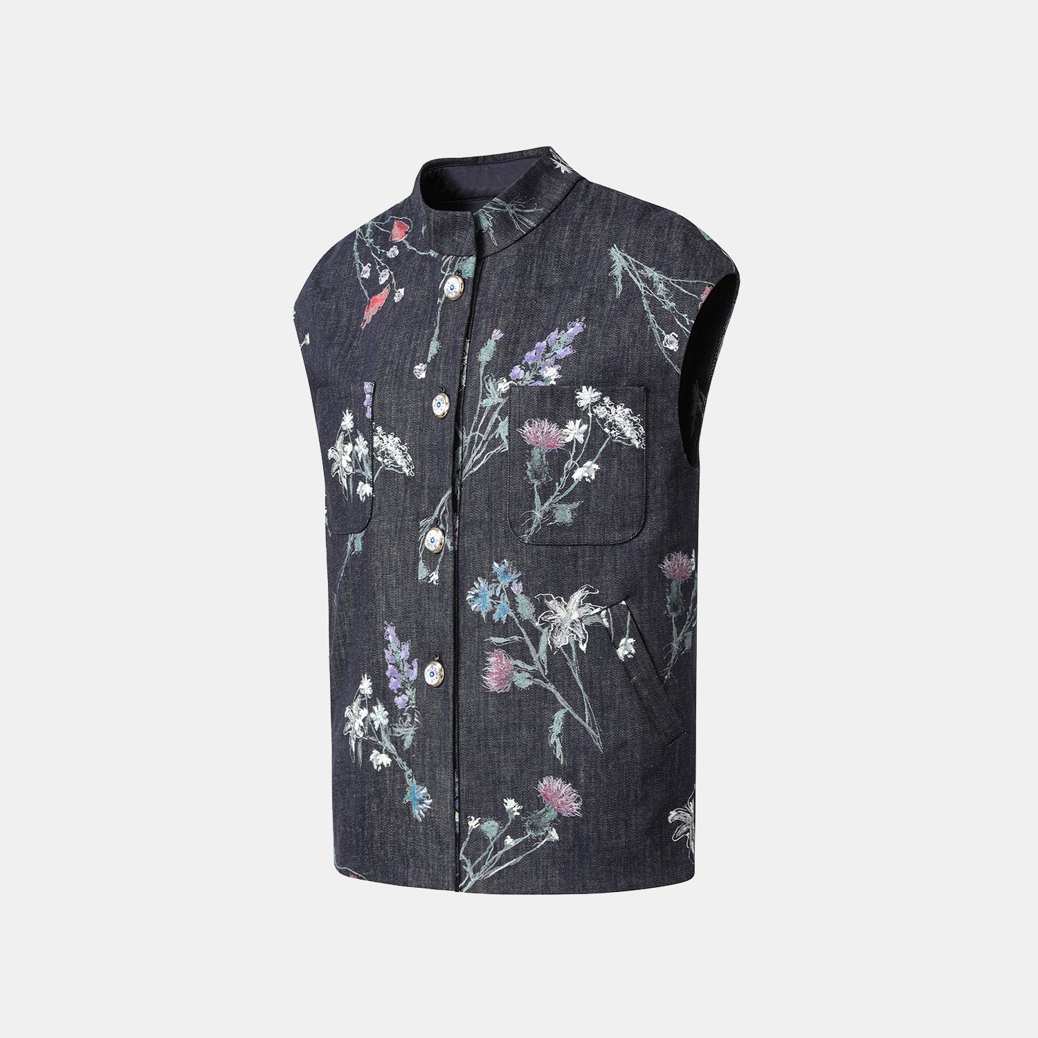 “Easy Go Chic”義大利浮描蠟花繪印工藝牛仔馬甲背心—Blue Bloom藍野花語