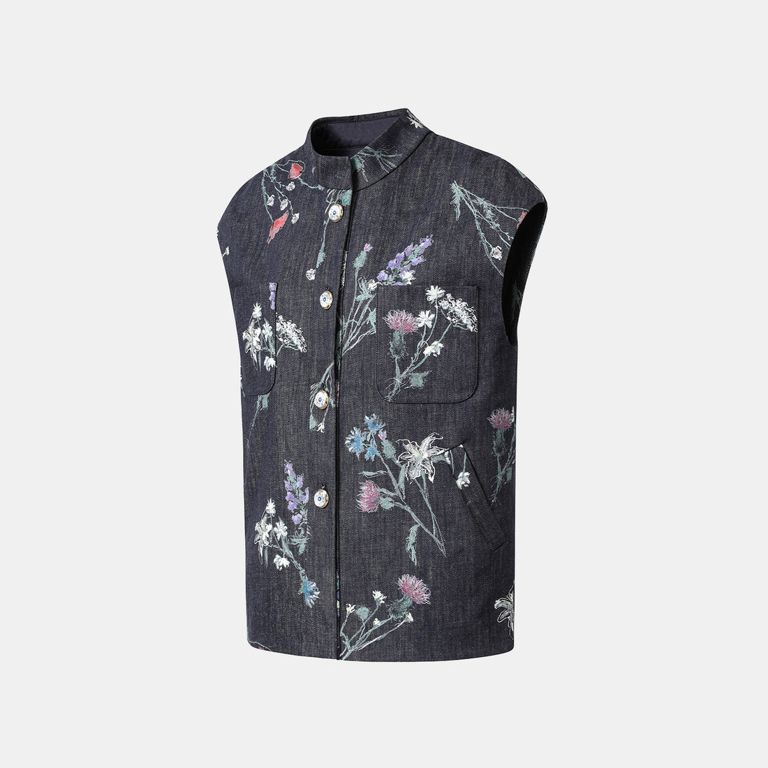 “Easy Go Chic”義大利浮描蠟花繪印工藝牛仔馬甲背心—Blue Bloom藍野花語