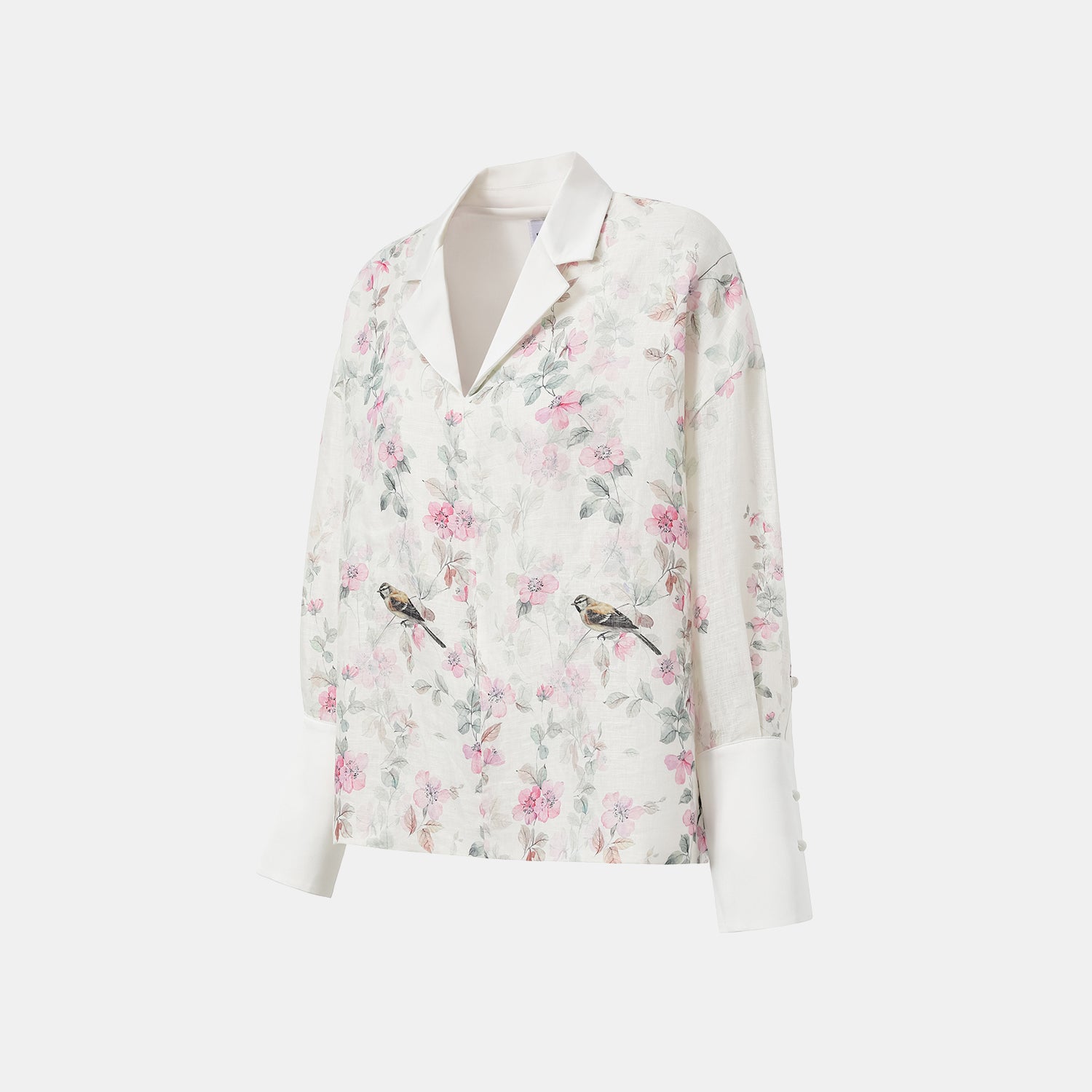 “春意” 義大利繪印藏鑽亞麻輕國風Oversized拼接襯衫—花枝映羽