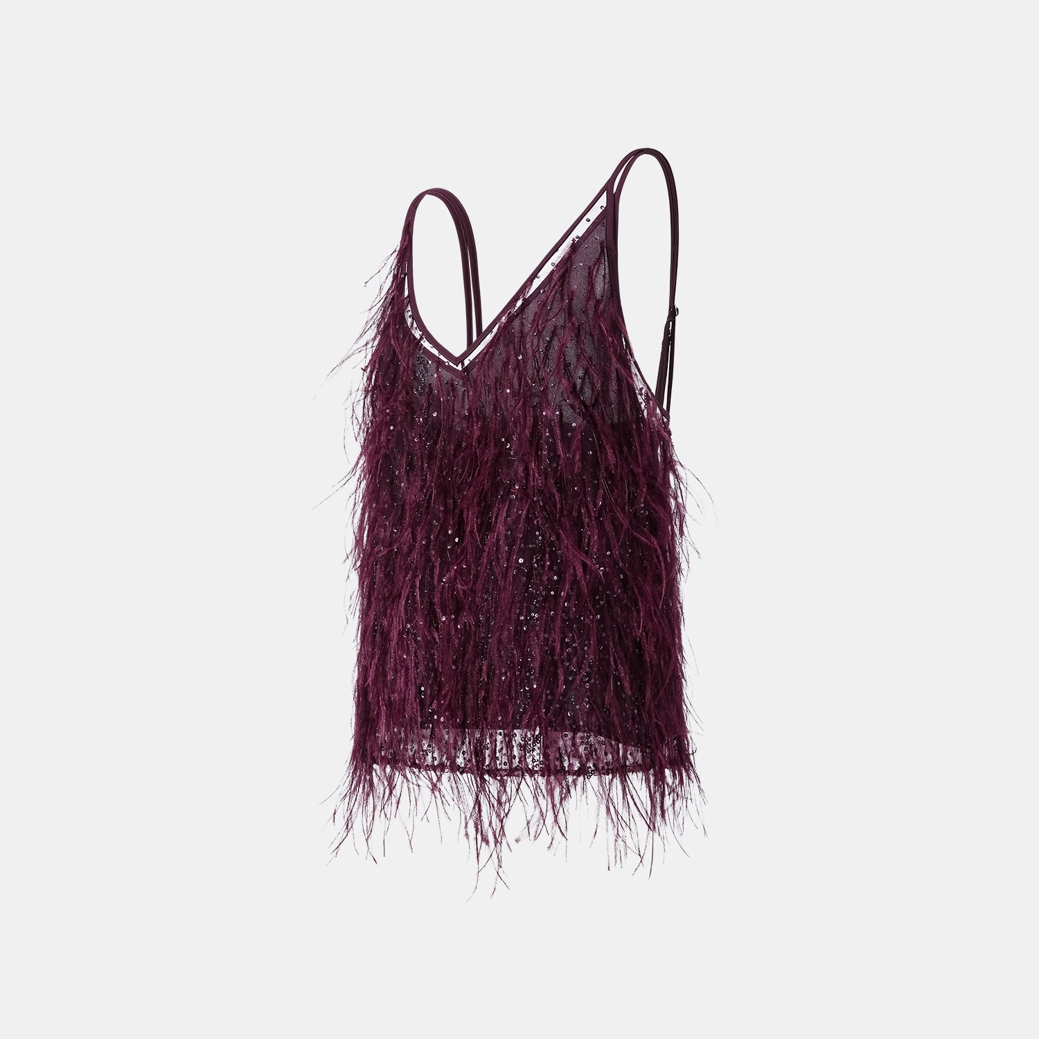 “Welcome to my party.” 珠繡羽毛工藝細肩帶背心—Wine.