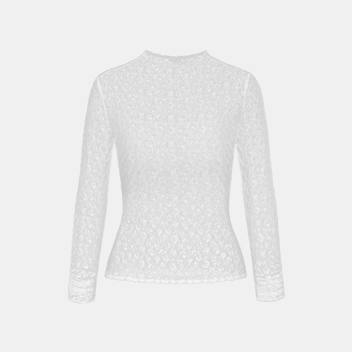 “Quiet Mastery”義大利極細霧絨絮花蕾絲長袖上衣—Downlight Reverie銀雪漫舞