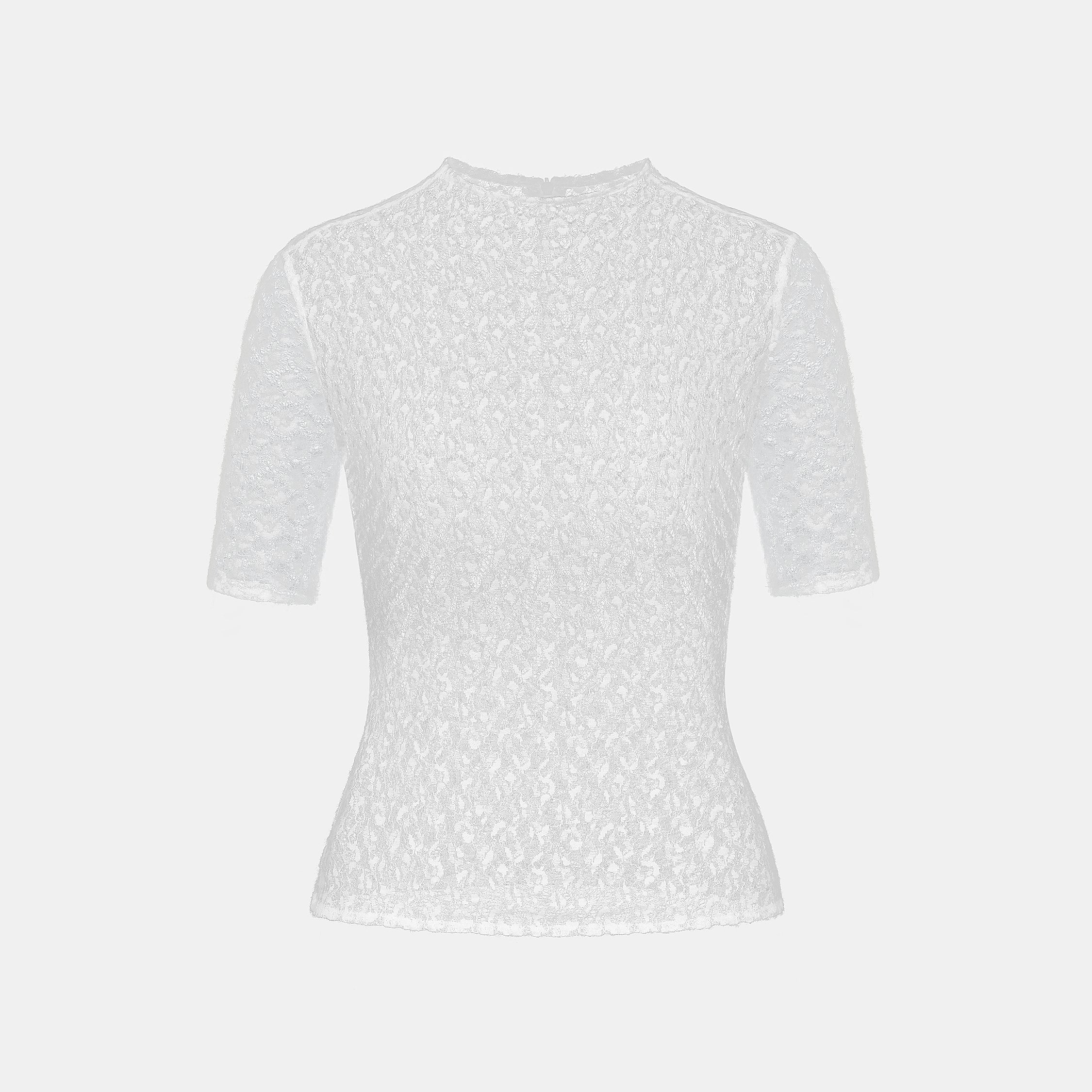 “Quiet Mastery”義大利極細霧絨絮花蕾絲上衣—Downlight Reverie銀雪漫舞