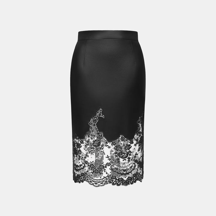 “Quiet Mastery.” 法國純素皮革織嵌花繡蕾絲鉛筆裙—Midnight Aroma午夜香調