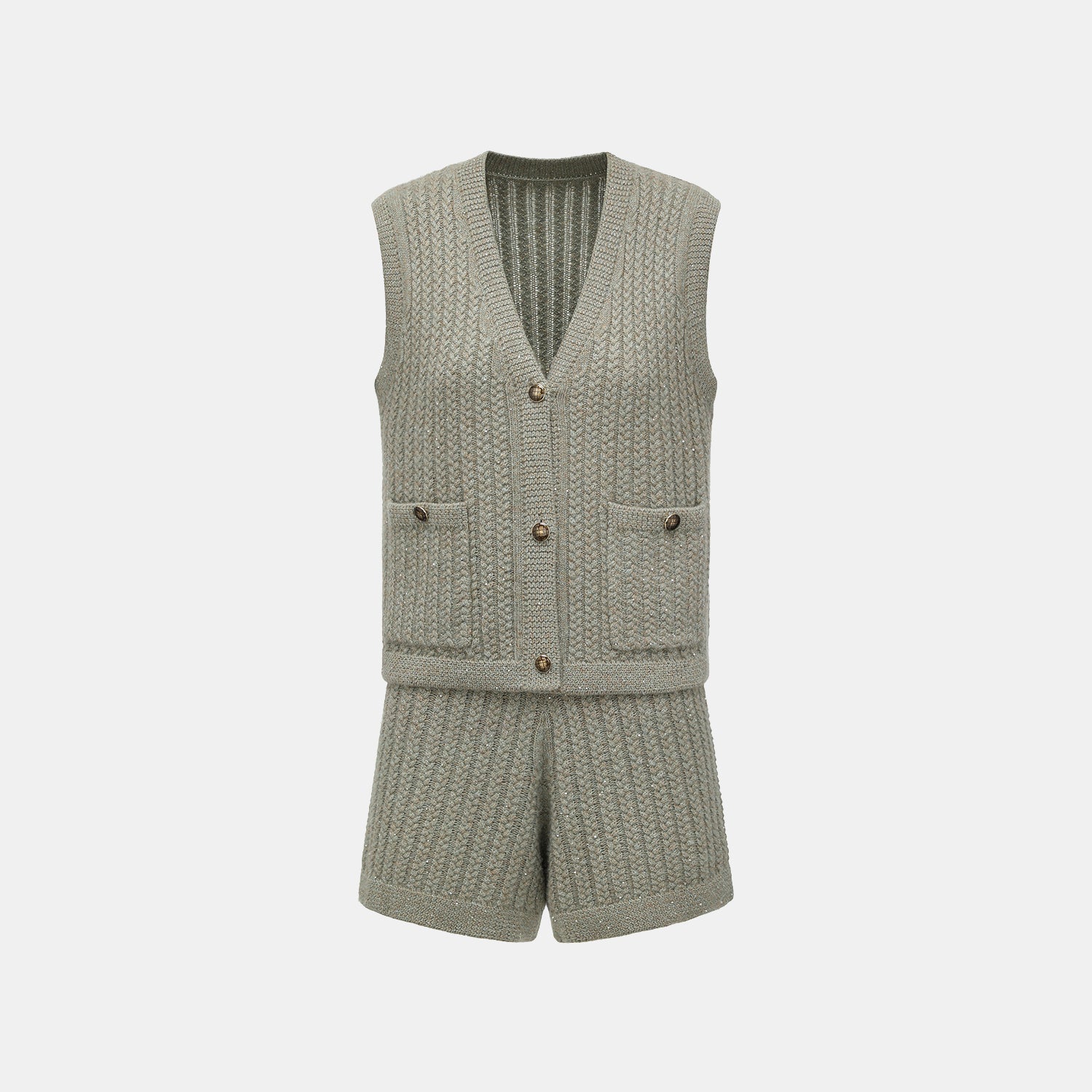 “Autumn Diary” 100% Cashmere 立體細麻花星點亮片針織背心—Silver Birch銀樺霧林