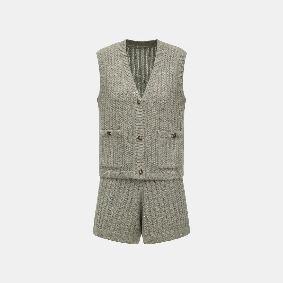 “Autumn Diary” 100% Cashmere 立體細麻花星點亮片針織背心—Silver Birch銀樺霧林