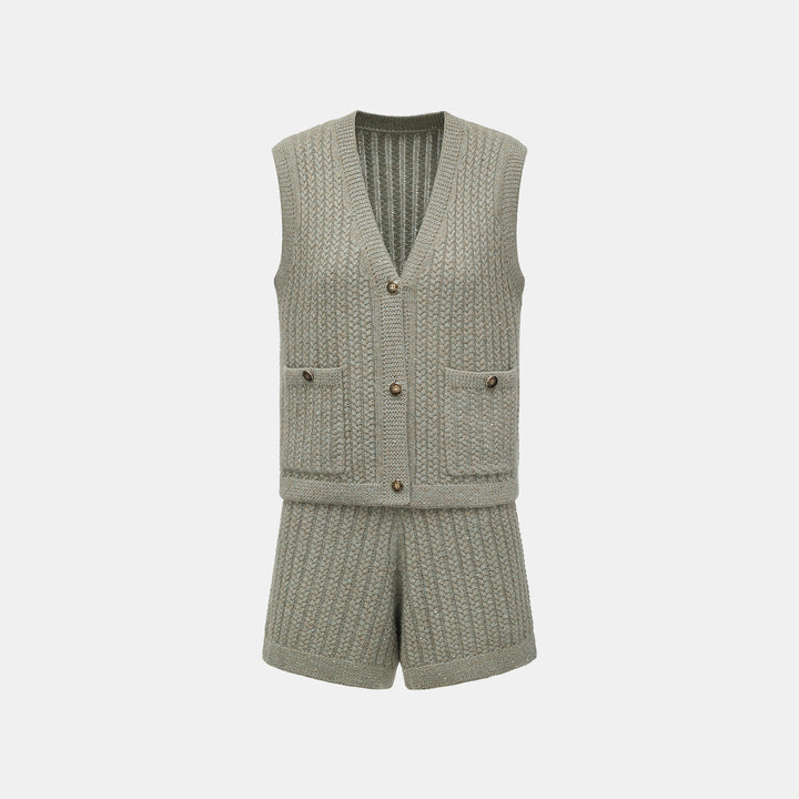 “Autumn Diary” 100% Cashmere 立體細麻花星點亮片針織背心—Silver Birch銀樺霧林