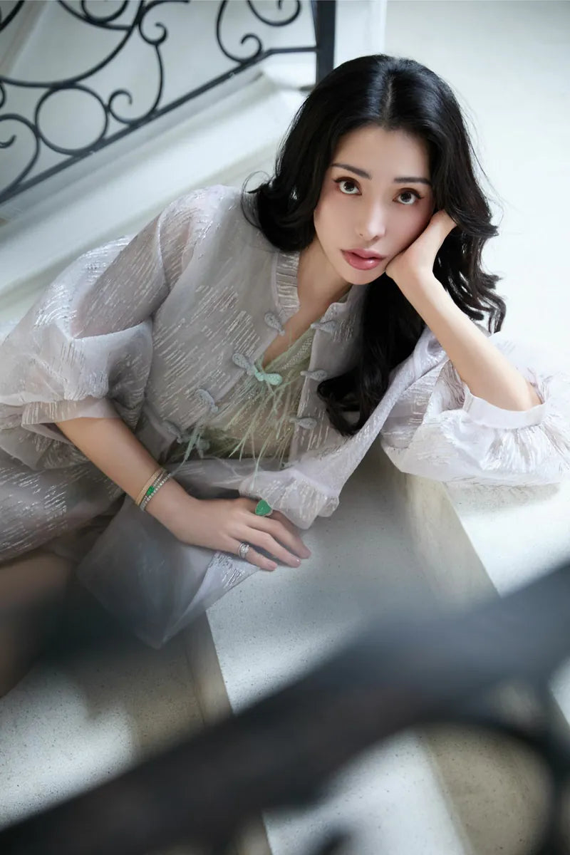 "Imperial Garden Teatime" Custom Jacquard Light Chinese Style Jacket - Lavender Purple 