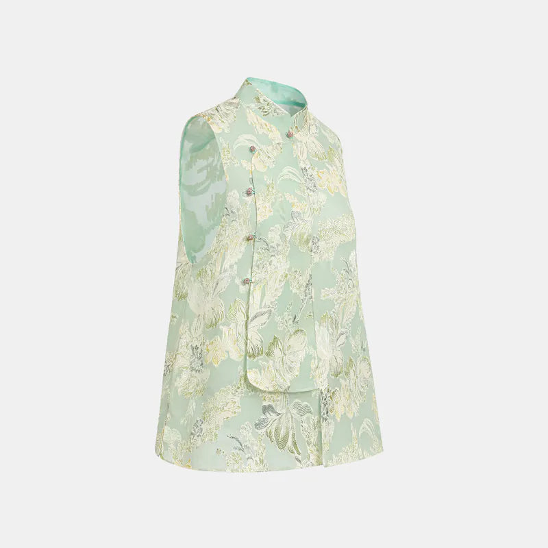 "Imperial Garden Teatime" Silk Brocade Embroidered Chinese Vest - Mint Green 