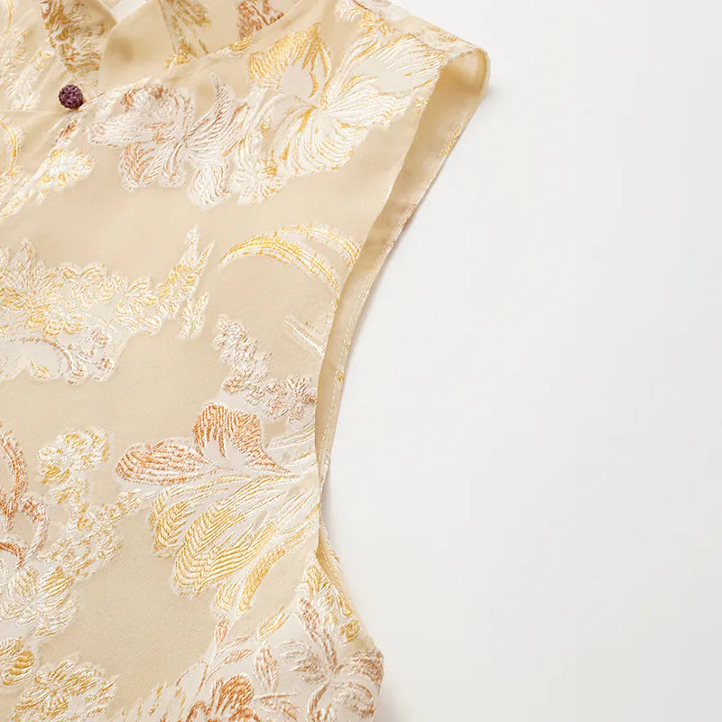 "Imperial Garden Teatime" 真絲織錦繡花中式背心—鵝黃