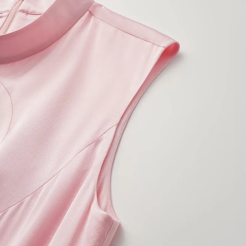 “茶宴” 100%真絲新中式旗袍洋裝 — 櫻花粉