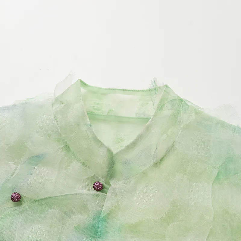 "Imperial Garden Teatime" Ruffo Coli 義大利高級訂製立體工藝面料國風上衣 — 翠綠飄花